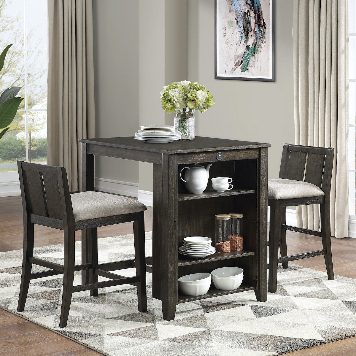 Small dining table with built in shelves and two stool chairs