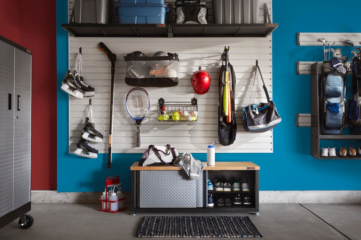 wall with sports equipment and storage