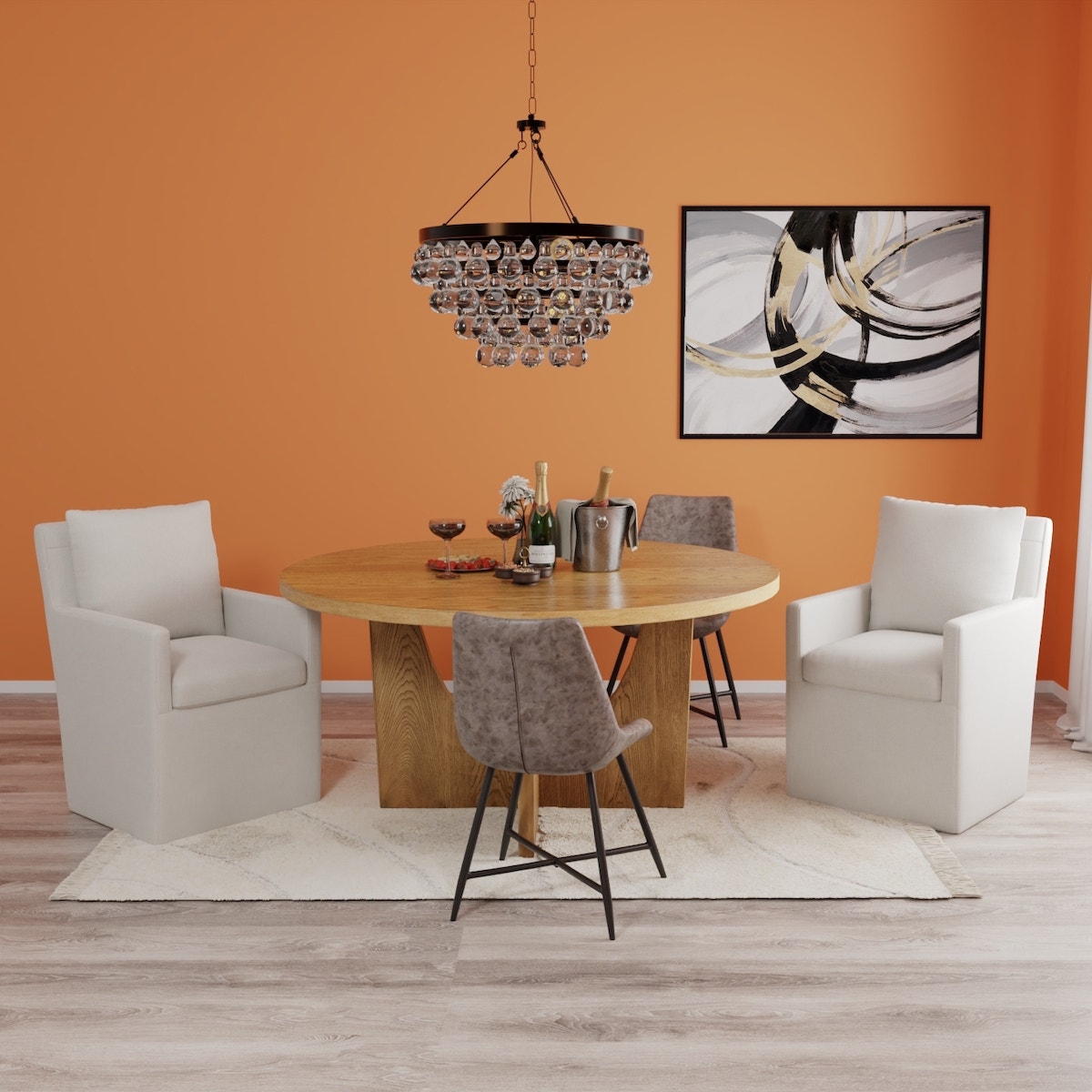 Brown wall room with circular table two small chairs and two sofa chairs