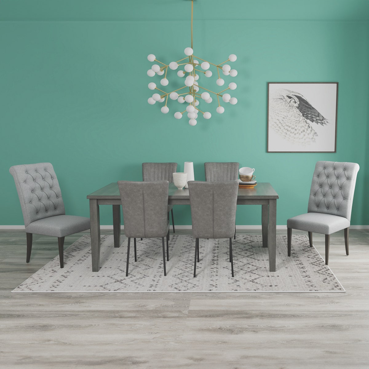 Dining room with teal colour wall dining table and six chairs