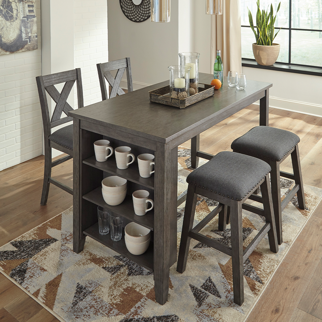 Small long dining table with built in shelves two chairs and two benches