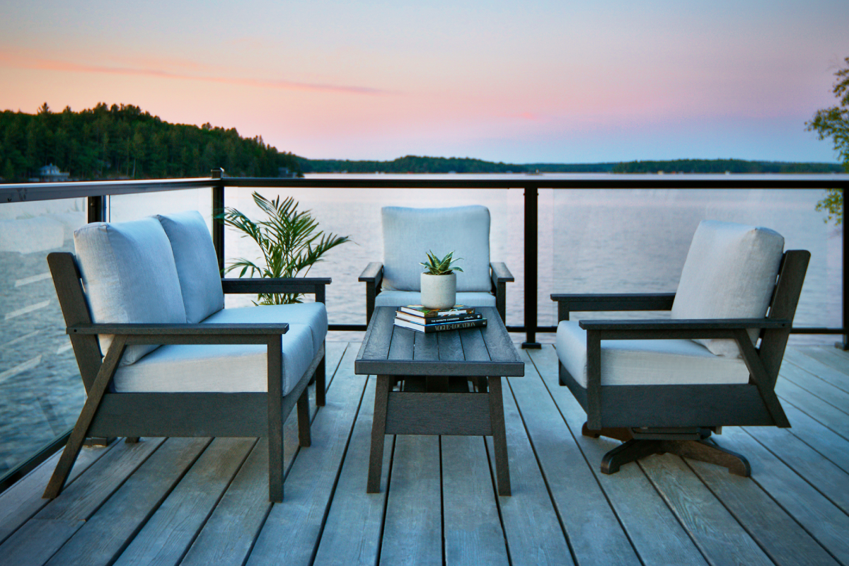 outdoor patio next to lake